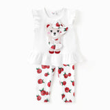 Baby/Toddler Girl 2pcs Bear Print Ruffled Top and Floral