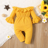 Baby Girl Solid Ribbed Off Shoulder Bell Sleeve Jumpsuit