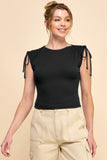 Black Ruching Shoulder Ribbed Top