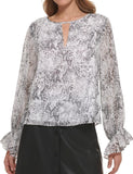DKNY Metallic Ruffle Long-Sleeve KeyHole Blouse Size Medium