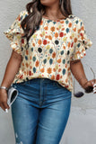 Plus Round Neck Floral Flounce Sleeve Loose Shirt