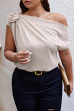 Plus One Shoulder Asymmetric Flower Decoration Shirt