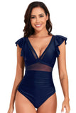 Deep V Neck Ruffle Color Block Lace Swimsuit