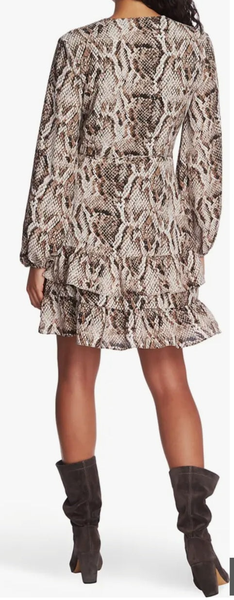 1.State Snakeskin Print Ruffled Long Sleeve Wrap Dress Size 4