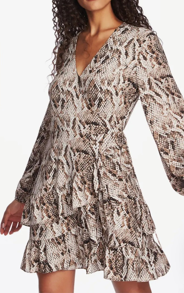1.State Snakeskin Print Ruffled Long Sleeve Wrap Dress Size 4